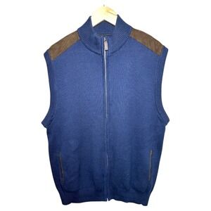 Chaps Men's Size XL Navy Blue Full-Zip Sweater Vest Suede Patches Cotton